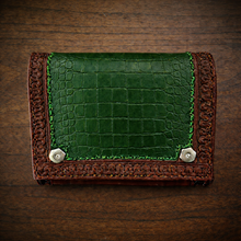 Load image into Gallery viewer, Motorcycle Handlebar Bag - Alligator Print With Different Colors To Choose , On Brown Leather, Customized To Fit Any Bike