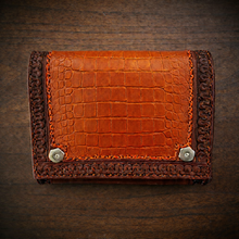 Load image into Gallery viewer, Motorcycle Handlebar Bag - Alligator Print With Different Colors To Choose , On Brown Leather, Customized To Fit Any Bike
