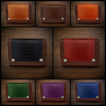 Load image into Gallery viewer, Motorcycle Handlebar Bag - Alligator Print With Different Colors To Choose , On Brown Leather, Customized To Fit Any Bike