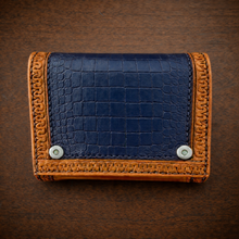 Load image into Gallery viewer, Motorcycle Handlebar Bag - Alligator Print With Different Colors To Choose, On Indian Tan Leather, Customized To Fit Any Bike