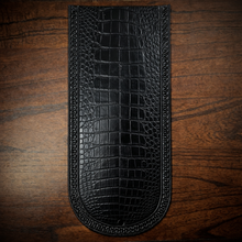 Load image into Gallery viewer, Fender Bib - Choice Of Alligator Print Leather Color, On Black Leather, Made To Fit Any Bike