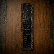 Load image into Gallery viewer, Front Fender Bib, Multiple Colors Of Alligator Print Leather, On Brown Leather, Made To Fit Any Bike