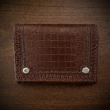 Load image into Gallery viewer, Motorcycle Handlebar Bag - Alligator Print With Different Colors To Choose , On Brown Leather, Customized To Fit Any Bike