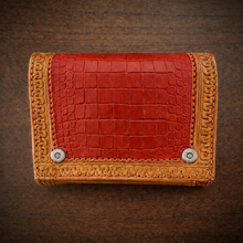 Load image into Gallery viewer, Motorcycle Handlebar Bag - Alligator Print With Different Colors To Choose, On Indian Tan Leather, Customized To Fit Any Bike