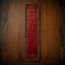 Load image into Gallery viewer, Front Fender Bib, Multiple Colors Of Alligator Print Leather, On Brown Leather, Made To Fit Any Bike