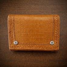 Load image into Gallery viewer, Motorcycle Handlebar Bag - Alligator Print With Different Colors To Choose, On Indian Tan Leather, Customized To Fit Any Bike