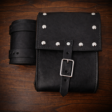Load image into Gallery viewer, Sissy Bar Bag w/ Fuel Bottle/Cup Holder - W/ Dome Studs, Custom Art, Black