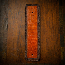 Load image into Gallery viewer, Front Fender Bib, Multiple Colors Of Alligator Print Leather, On Brown Leather, Made To Fit Any Bike