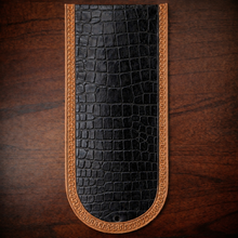 Load image into Gallery viewer, Fender Bib - Choice Of Alligator Print Leather Color, On Indian Tan Leather, Made To Fit Any Bike