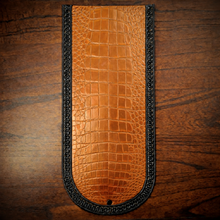Load image into Gallery viewer, Fender Bib - Choice Of Alligator Print Leather Color, On Black Leather, Made To Fit Any Bike