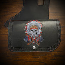 Load image into Gallery viewer, Heat Shield - Native Skull w/ Tomahawks, Black, Double Pouch, Fits Indian Chief, Chieftain, Springfield, Vintage and Roadmaster
