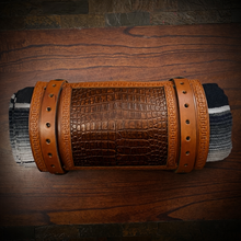Load image into Gallery viewer, Bedroll for Motorcycles - Generation 2, Alligator Print Leather, On Indian Tan Leather