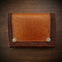 Load image into Gallery viewer, Motorcycle Handlebar Bag - Alligator Print With Different Colors To Choose , On Brown Leather, Customized To Fit Any Bike