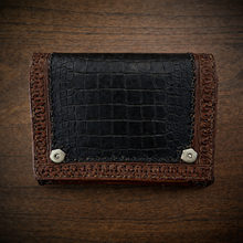 Load image into Gallery viewer, Motorcycle Handlebar Bag - Alligator Print With Different Colors To Choose , On Brown Leather, Customized To Fit Any Bike