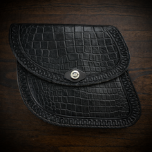 Load image into Gallery viewer, Swing Arm Bag - Fits Indian Scout &amp; Chief Models, With Alligator Print, On Black Leather