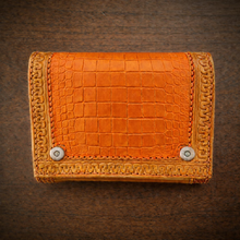 Load image into Gallery viewer, Motorcycle Handlebar Bag - Alligator Print With Different Colors To Choose, On Indian Tan Leather, Customized To Fit Any Bike
