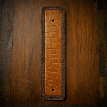 Load image into Gallery viewer, Front Fender Bib, Multiple Colors Of Alligator Print Leather, On Brown Leather, Made To Fit Any Bike