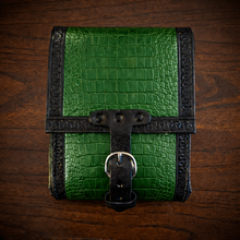 Load image into Gallery viewer, Sissy Bar Bag - Alligator Print Leather, On Black Leather