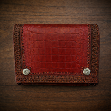 Load image into Gallery viewer, Motorcycle Handlebar Bag - Alligator Print With Different Colors To Choose , On Brown Leather, Customized To Fit Any Bike
