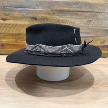 Load image into Gallery viewer, Folded Crown Fedora, Revenant Style, Black Felt, Python Band, Distressed Black Leather Braid