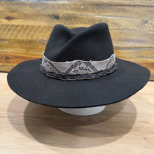 Load image into Gallery viewer, Folded Crown Fedora, Revenant Style, Black Felt, Python Band, Distressed Black Leather Braid