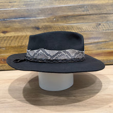 Load image into Gallery viewer, Folded Crown Fedora, Revenant Style, Black Felt, Python Band, Distressed Black Leather Braid