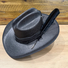 Load image into Gallery viewer, Hellbound Backroads, Revenant Straw Hat, Black Bangora, Genuine Shark Skin, Python &amp; Leather Barbed Wire Band, With A Black Turkey Feather (Ships Now) Size 7 1/4, 58cm