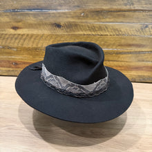 Load image into Gallery viewer, Folded Crown Fedora, Revenant Style, Black Felt, Python Band, Distressed Black Leather Braid