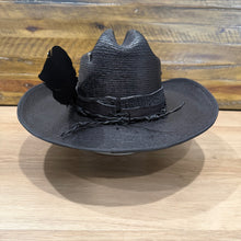 Load image into Gallery viewer, Hellbound Backroads, Revenant Straw Hat, Black Bangora, Genuine Shark Skin, Python &amp; Leather Barbed Wire Band, With A Black Turkey Feather (Ships Now) Size 7 1/4, 58cm