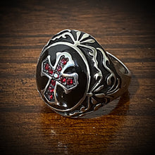 Load image into Gallery viewer, 'Deus Vult!' - 'God Wills It' Christian Crusaders Soldier Ring w/Red Zircon Gemstones
