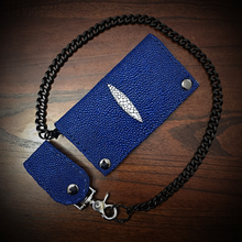 Load image into Gallery viewer, Long Biker Exotic Leather Wallet with Chain - Stingray, Blue With White Mark
