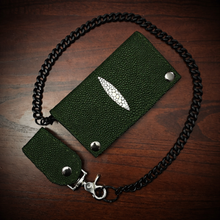 Load image into Gallery viewer, Long Biker Exotic Leather Wallet with Chain - Stingray, Green With White Mark