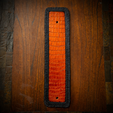 Load image into Gallery viewer, Front Fender Bib, Multiple Colors Of Alligator Print Leather, On Black Leather, Made To Fit Any Bike