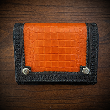 Load image into Gallery viewer, Motorcycle Handlebar Bag - Alligator Print With Different Colors To Choose, On Black Leather, Customized To Fit Any Bike