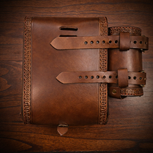 Load image into Gallery viewer, Rear Crash Bar Bag w/ Fuel Bottle/Cup Holder - W/ Dome Studs, Custom Art, Brown