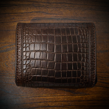 Load image into Gallery viewer, Motorcycle Handlebar Bag - Alligator Print With Different Colors To Choose , On Brown Leather, Customized To Fit Any Bike