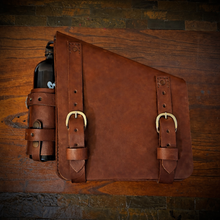 Load image into Gallery viewer, Swingarm Bag With Fuel Can Holder - Fits Harley Davidson Softail Models, Custom Art, Brown