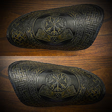 Load image into Gallery viewer, Leather Covered Handlebar Hand Guards Black, Mjölinr &amp; Compass Rune Art