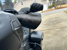 Load image into Gallery viewer, Leather Covered Handlebar Hand Guards Black, Mjölinr &amp; Compass Rune Art