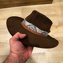 Load image into Gallery viewer, Fedora, Revenant Style, Chocolate Brown Felt, Python Band, Rough Side Out Brown Leather Braid