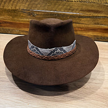Load image into Gallery viewer, Fedora, Revenant Style, Chocolate Brown Felt, Python Band, Rough Side Out Brown Leather Braid
