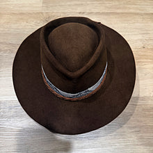 Load image into Gallery viewer, Fedora, Revenant Style, Chocolate Brown Felt, Python Band, Rough Side Out Brown Leather Braid