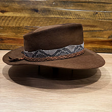 Load image into Gallery viewer, Fedora, Revenant Style, Chocolate Brown Felt, Python Band, Rough Side Out Brown Leather Braid