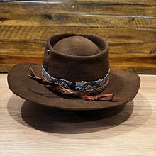 Load image into Gallery viewer, Fedora, Revenant Style, Chocolate Brown Felt, Python Band, Rough Side Out Brown Leather Braid