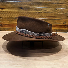 Load image into Gallery viewer, Fedora, Revenant Style, Chocolate Brown Felt, Python Band, Rough Side Out Brown Leather Braid