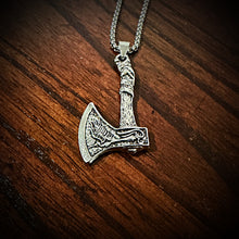 Load image into Gallery viewer, Viking Axe Pendant Necklace With Raven Relief On One Side &amp; Wolf On The Other