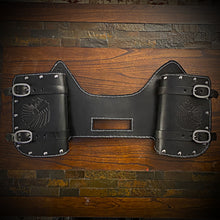 Load image into Gallery viewer, Heat Shield - Native American Art, Black, Double Pouch, Metal Studs, &amp; Suede Backing, You Choose the Color of Stitching- Fits Indian Chief, Chieftain, Springfield, Vintage and Roadmaster
