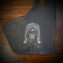 Load image into Gallery viewer, Heat Shield for Indian Challenger and Pursuit Motorcycles - Native Skull and Tomahawks, Crease In Leather Flaw, (Ships Now) Clearance Sale