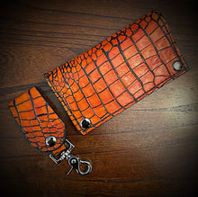 Load image into Gallery viewer, Long Biker Exotic Leather Wallet with Chain - American Alligator Leather, Orange &amp; Black