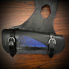 Load image into Gallery viewer, Heat Shield for  Indian Scout motorcycle - Double Pouch - Skull Warbonnet Blue